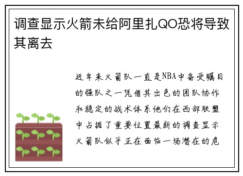 调查显示火箭未给阿里扎QO恐将导致其离去