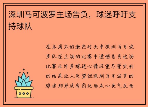 深圳马可波罗主场告负，球迷呼吁支持球队