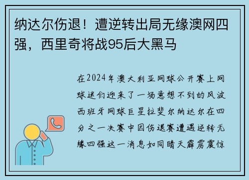 纳达尔伤退！遭逆转出局无缘澳网四强，西里奇将战95后大黑马
