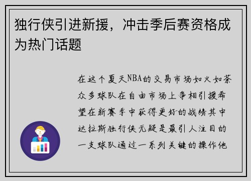 独行侠引进新援，冲击季后赛资格成为热门话题