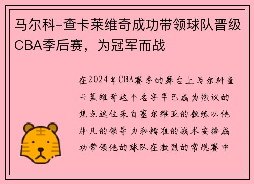 马尔科-查卡莱维奇成功带领球队晋级CBA季后赛，为冠军而战