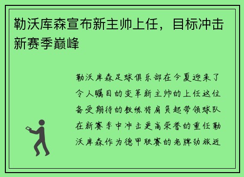 勒沃库森宣布新主帅上任，目标冲击新赛季巅峰