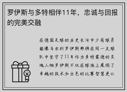 罗伊斯与多特相伴11年，忠诚与回报的完美交融