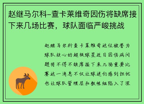 赵继马尔科-查卡莱维奇因伤将缺席接下来几场比赛，球队面临严峻挑战
