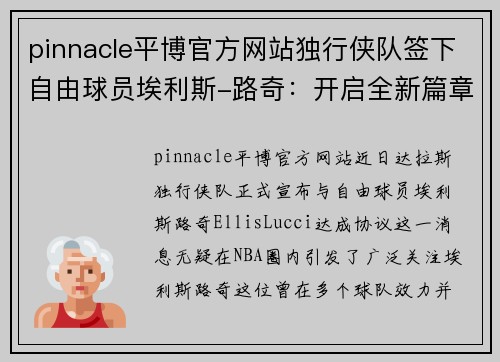 pinnacle平博官方网站独行侠队签下自由球员埃利斯-路奇：开启全新篇章