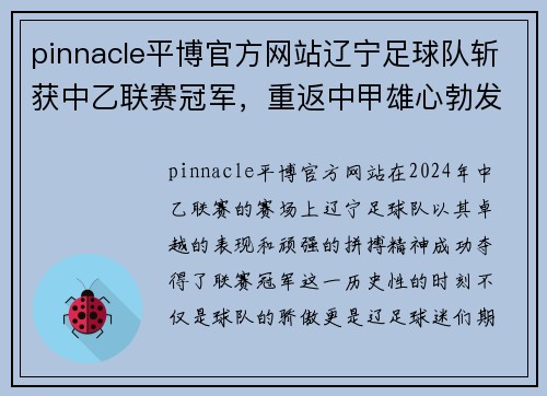 pinnacle平博官方网站辽宁足球队斩获中乙联赛冠军，重返中甲雄心勃发 - 副本