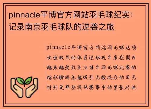 pinnacle平博官方网站羽毛球纪实：记录南京羽毛球队的逆袭之旅