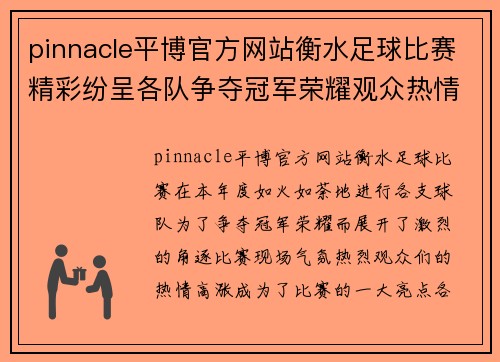 pinnacle平博官方网站衡水足球比赛精彩纷呈各队争夺冠军荣耀观众热情高涨