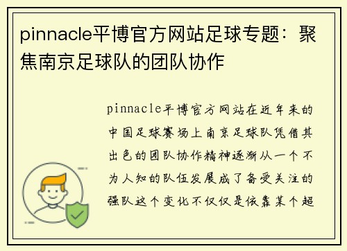 pinnacle平博官方网站足球专题：聚焦南京足球队的团队协作